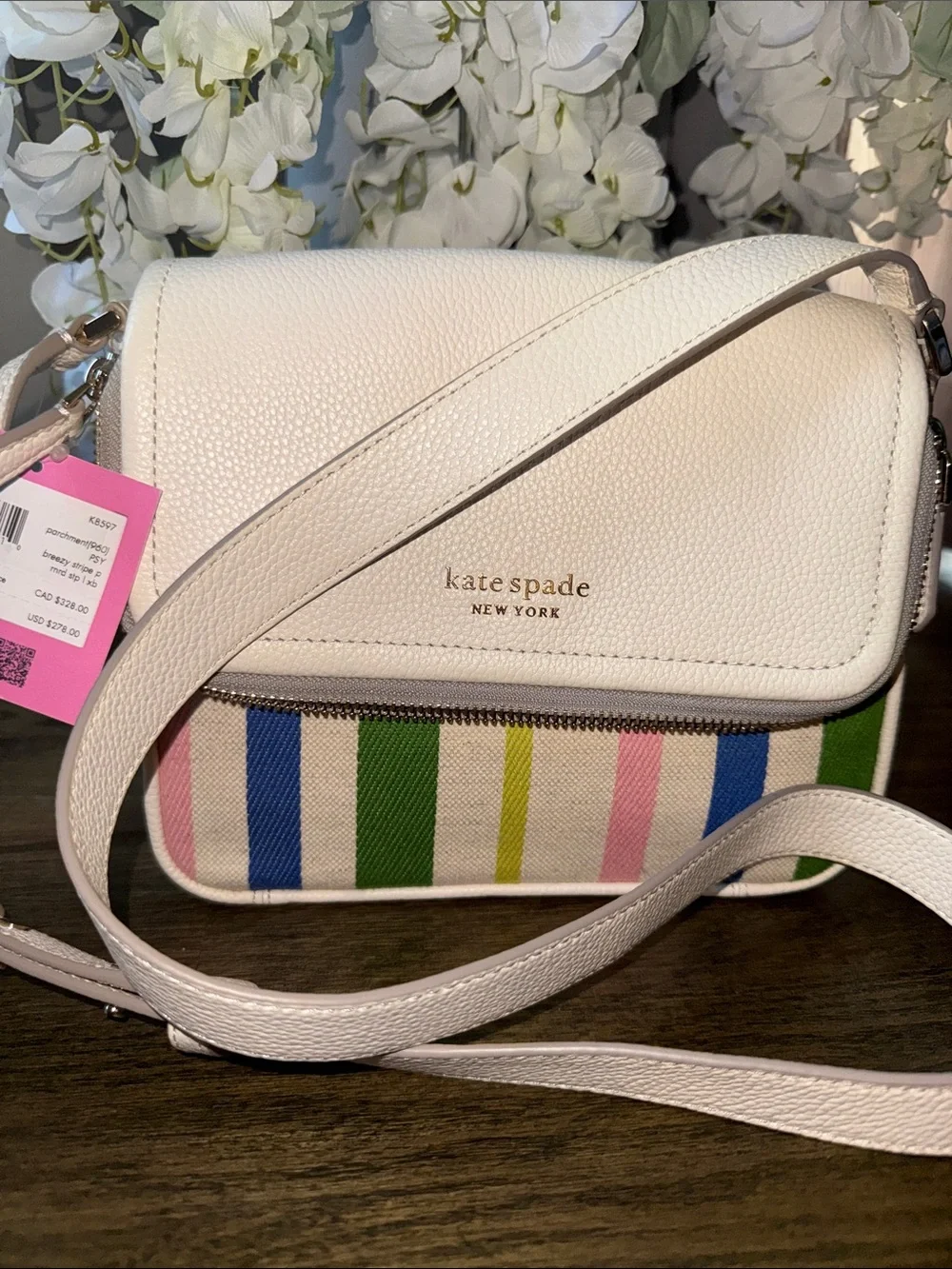 kate spade White Leather Crossbody with Multicolor Stripe Panel